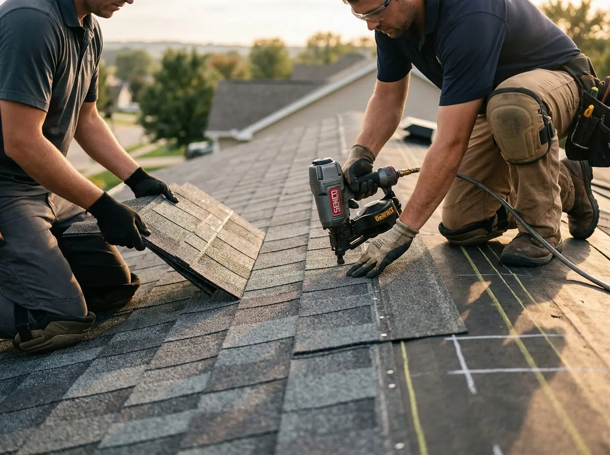 Professional roofer working on a residential roof in Flagler Beach
